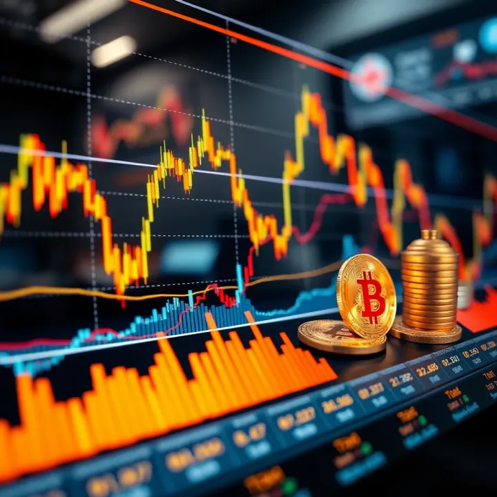 Cryptocurrency Price Trends and Market Fluctuations Graph displaying rising and falling cryptocurrency prices with digital currency icons