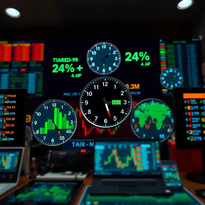 Flexible Trading Hours and Market Accessibility for Nigerian Investors Digital representation of 24/5 forex trading with clocks and currency icons