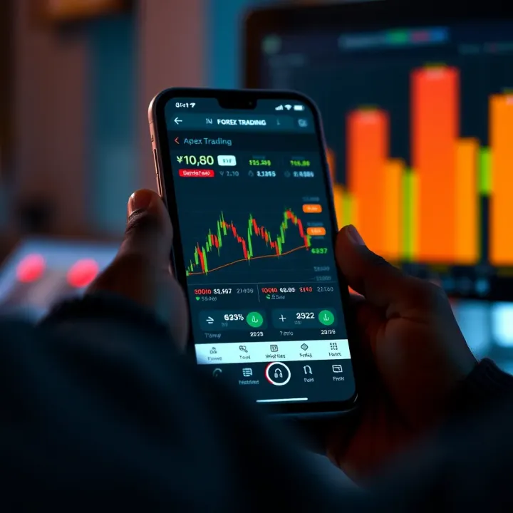 Forex Trading App Interface on Mobile Device Smartphone displaying a forex trading app with charts and currency pairs