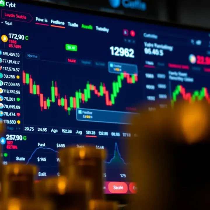User interface of a cryptocurrency trading app showing various digital currencies and real-time price charts