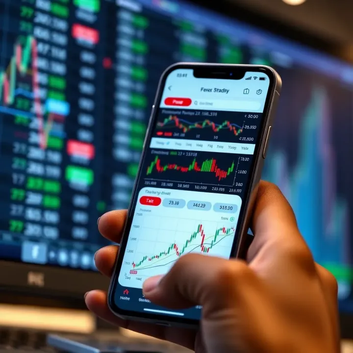 Mobile phone displaying a forex trading app interface with charts and currency pairs
