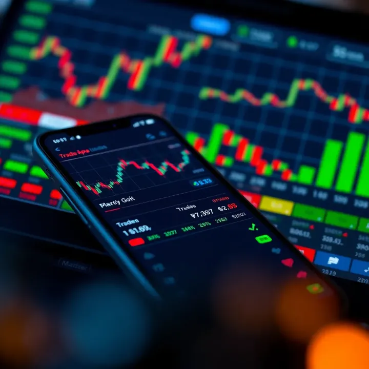 Mobile Trading Application Interface with Market Charts User interface of a mobile trading application showing market charts and trade options