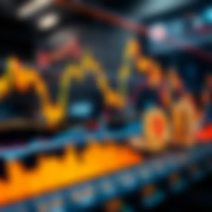 Cryptocurrency Price Trends and Market Fluctuations Graph displaying rising and falling cryptocurrency prices with digital currency icons