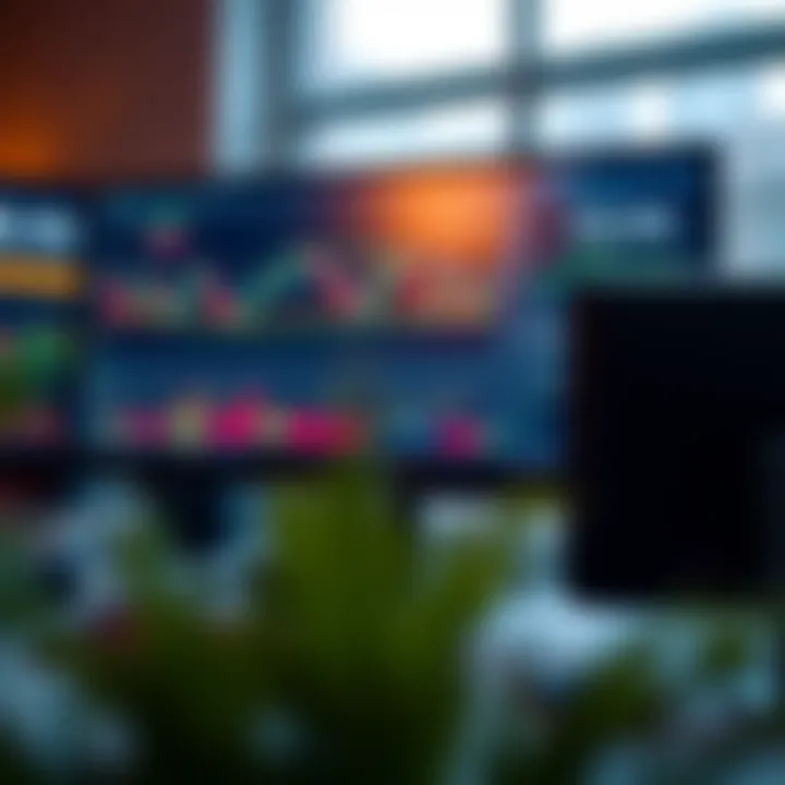 Graphic showing computer screen with forex trading platform and market analysis tools