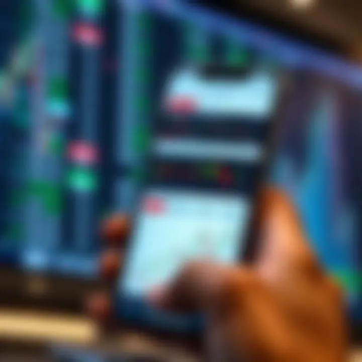 Mobile phone displaying a forex trading app interface with charts and currency pairs