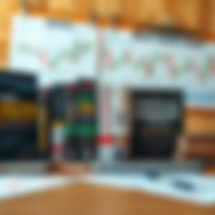 Collection of well-known forex trading books on a wooden desk with a laptop and currency charts