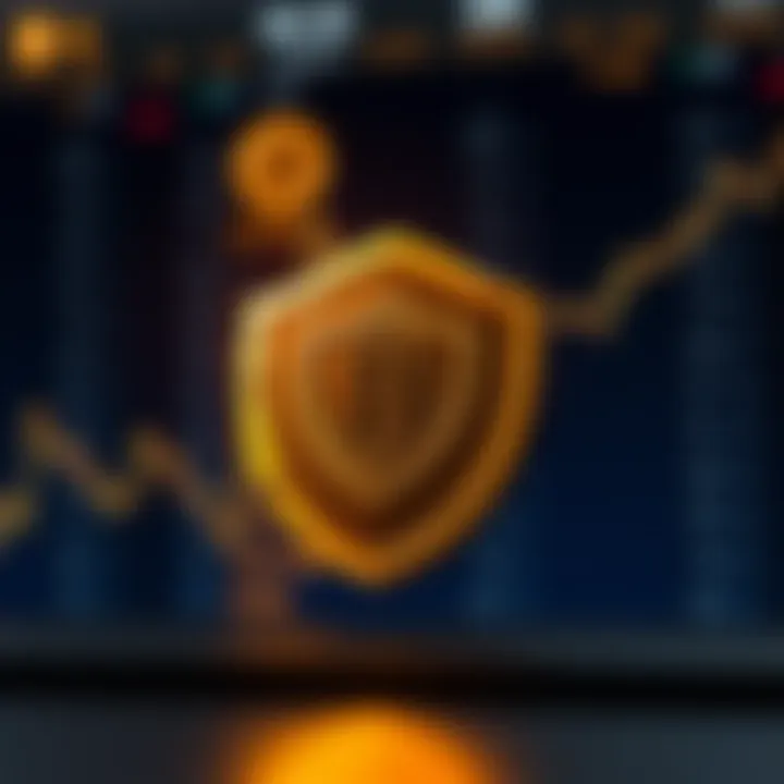 Shield icon symbolizing security with digital currency symbols in the background