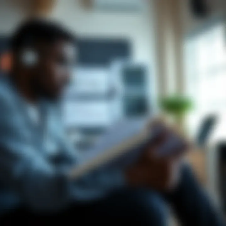 Trader reviewing notes from forex trading books with laptop and strategy charts