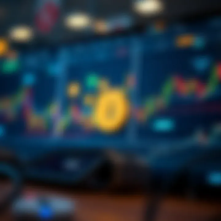 A conceptual illustration of automated trading algorithms interacting with cryptocurrency symbols and charts