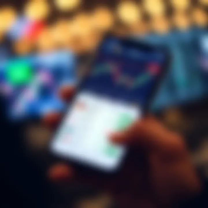 Mobile phone displaying a forex trading app interface with charts and currency pairs