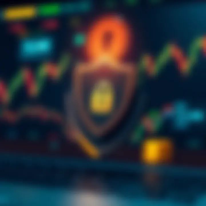 Graphic illustrating secure online trading with financial symbols and a shield symbolizing protection