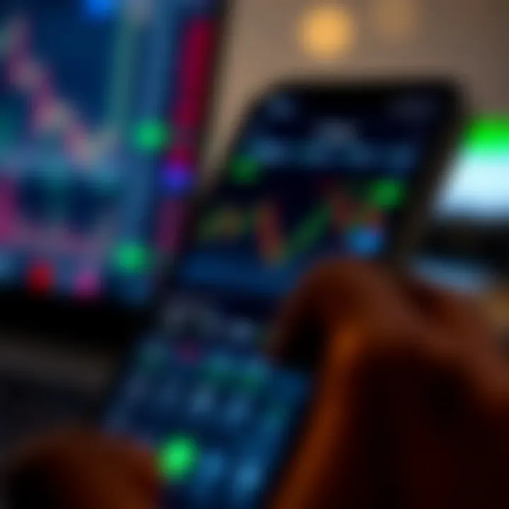 User interface of a stock trading app showing graphs and portfolio details on a smartphone screen