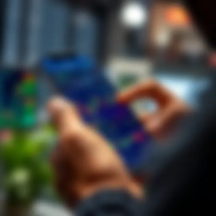 User navigating a trading app interface displaying charts and market data on a smartphone