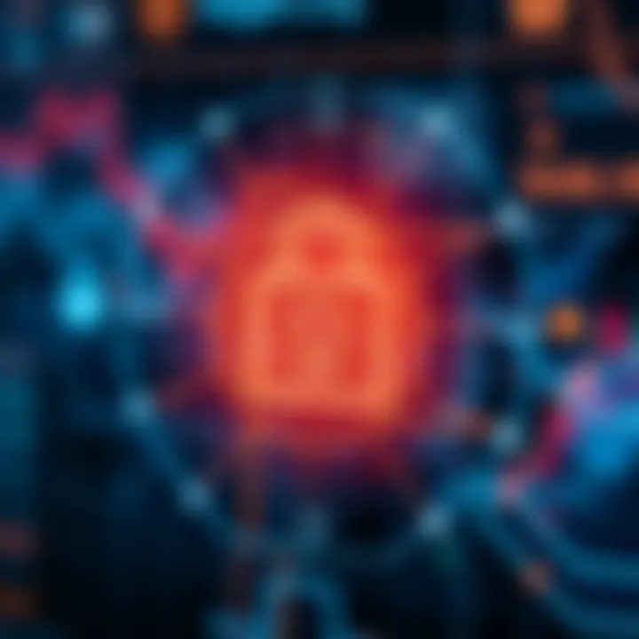 Secure financial transaction concept with digital lock and currency symbols