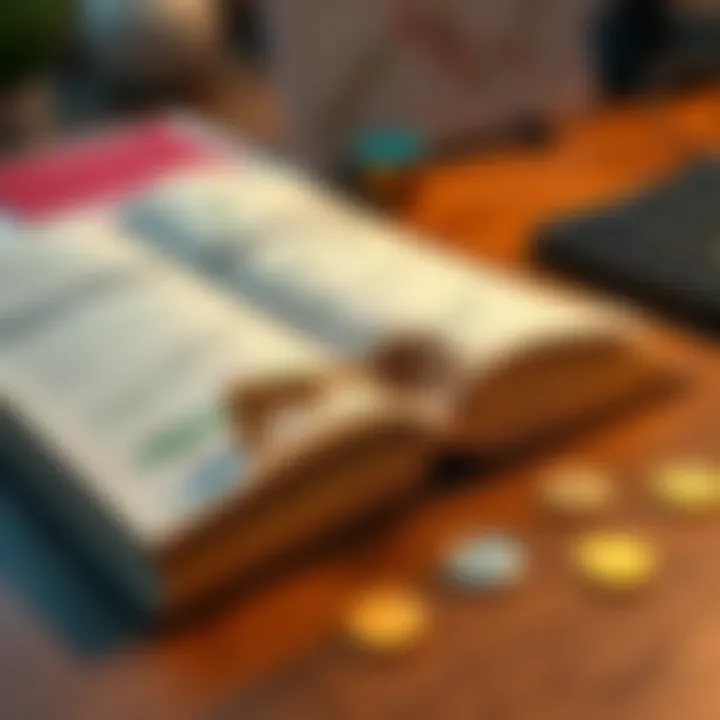 Open forex trading book with charts and currency symbols on wooden desk