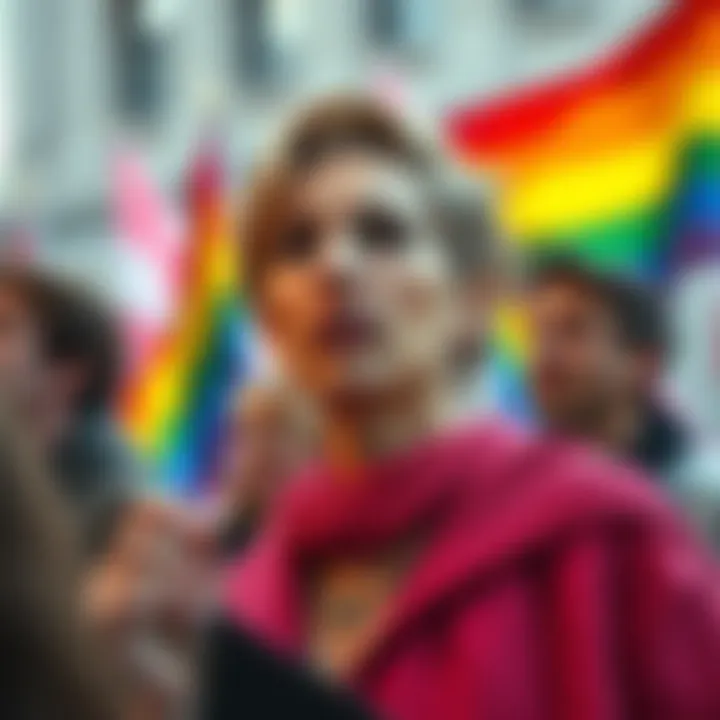 Non-binary celebrity confidently speaking at a public event with pride flags in the background