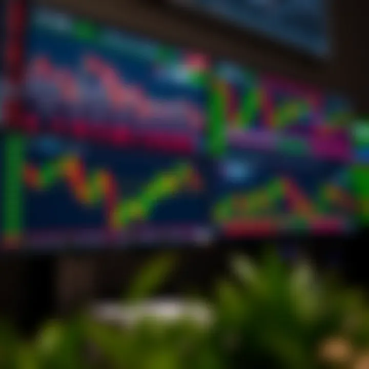 Colorful forex trading charts displaying currency pairs and market trends on digital screens