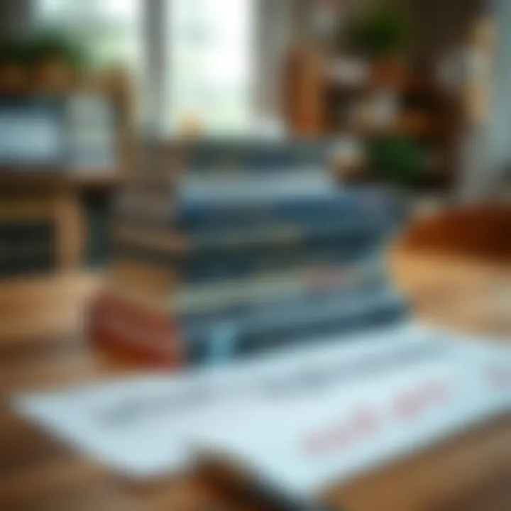 Stack of forex trading books with graphs and charts on a wooden table