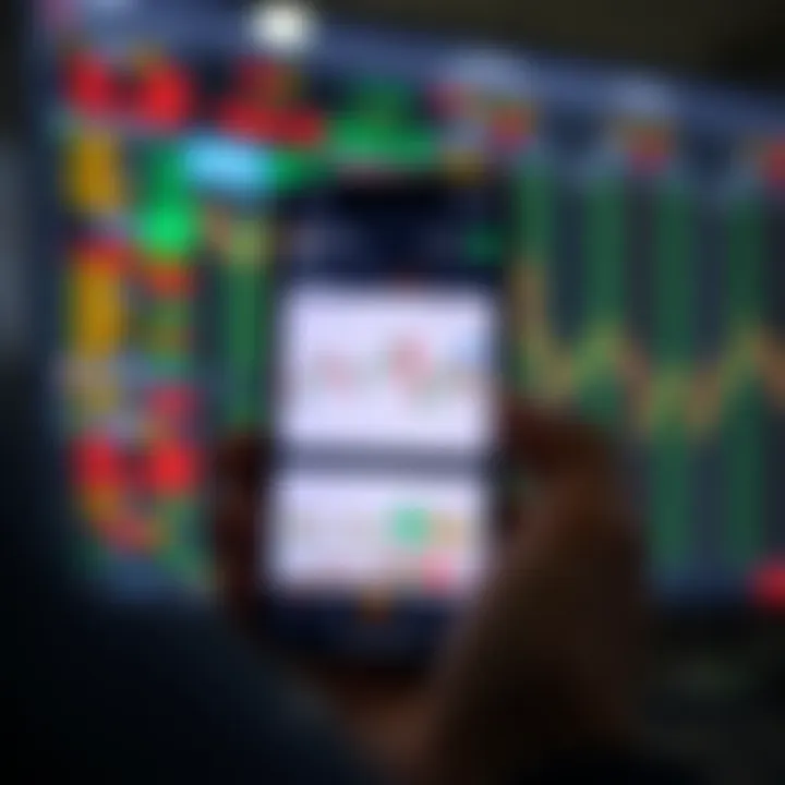 Mobile phone displaying forex trading app interface with charts and market data