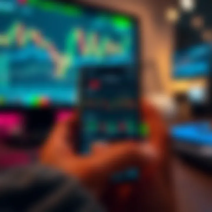 Mobile phone screen displaying a trading app interface with charts and market data