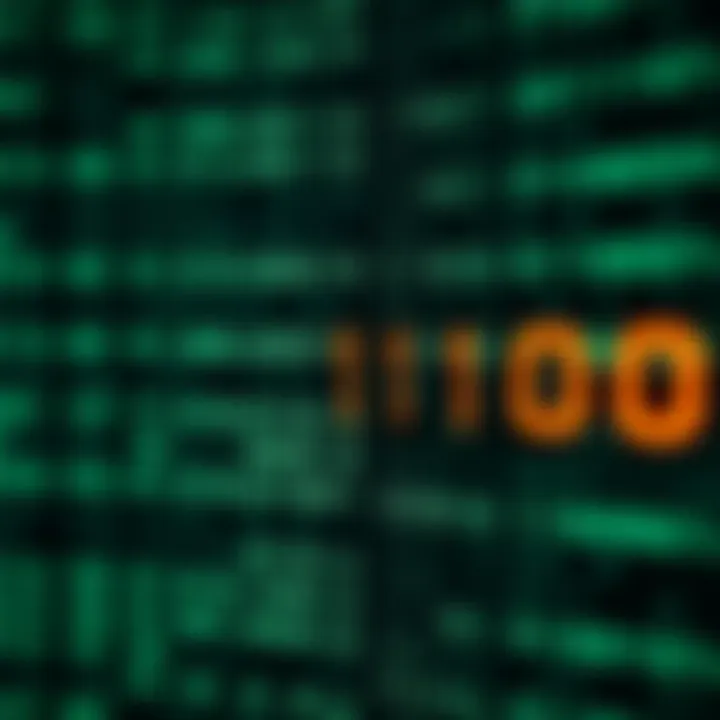 Visualization of binary digits forming digital data patterns on a dark background