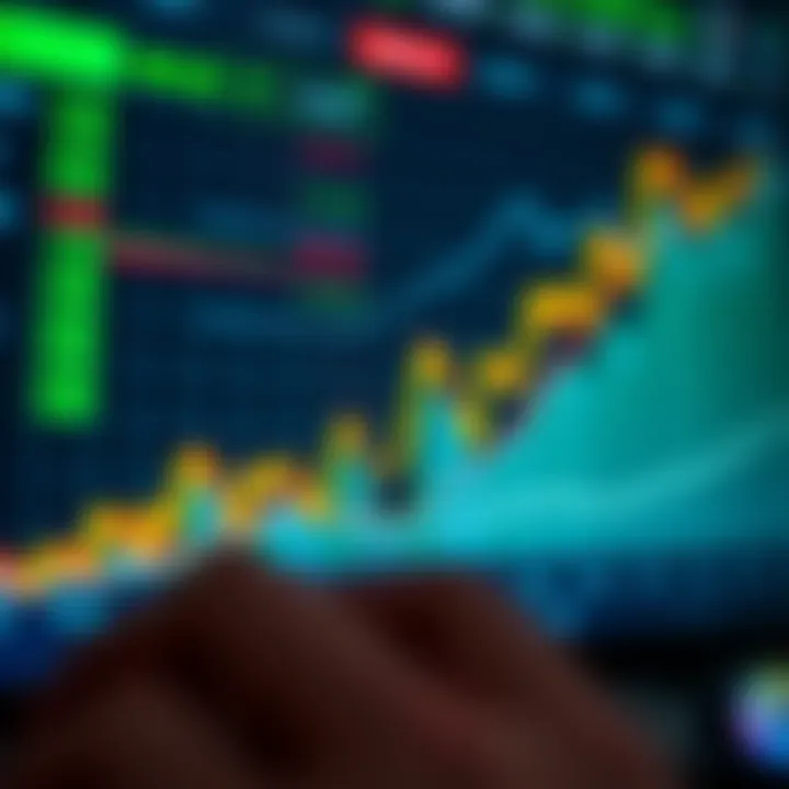 Graph showing upward and downward trends in financial trading on a digital screen