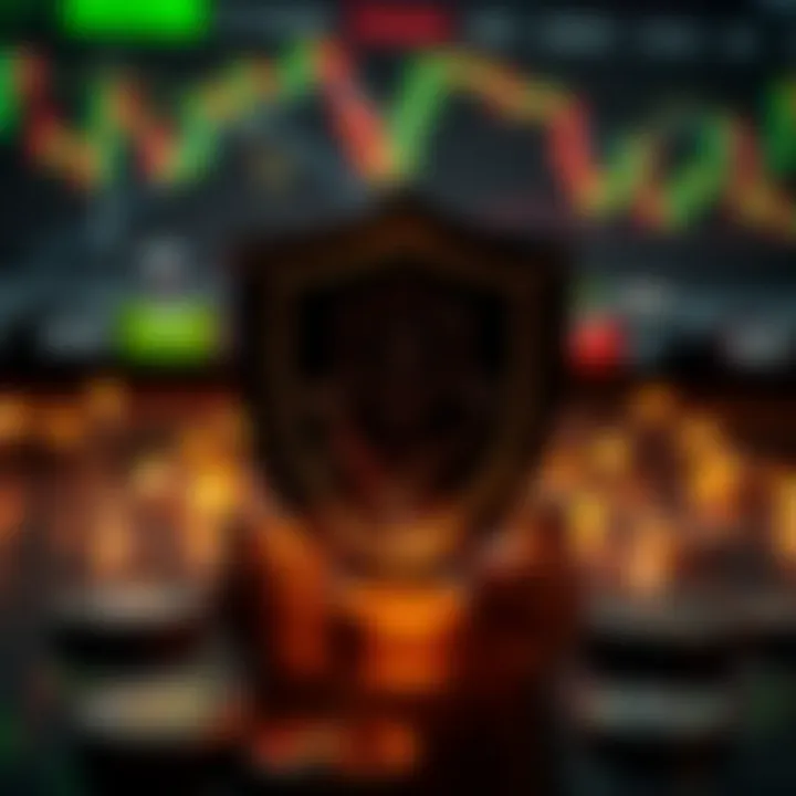 Conceptual graphic of risk management in crypto trading with protective shield and financial symbols