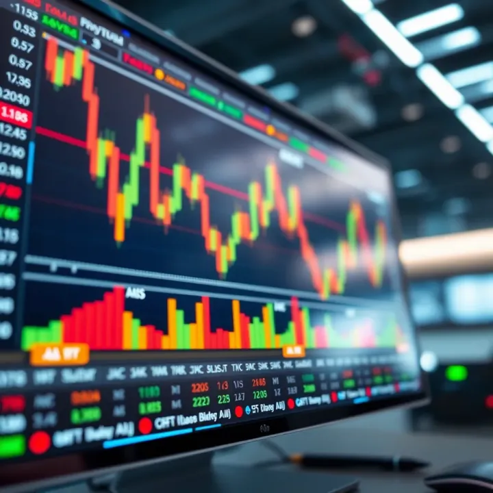 Digital screen showing trading charts and financial graphs in a futuristic interface