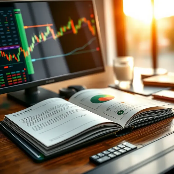 Open forex trading book with charts and currency symbols on desk