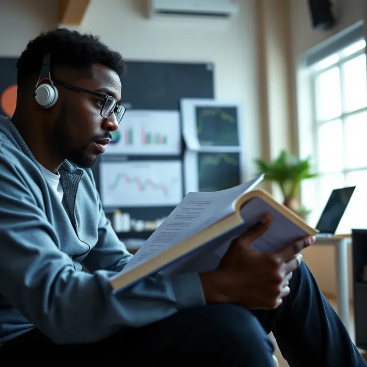 Analyzing Forex Trading Strategies from Educational Materials Trader reviewing notes from forex trading books with laptop and strategy charts