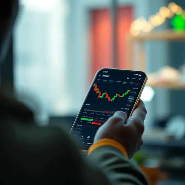 Cryptocurrency Trading Interface on Mobile Device Mobile phone displaying cryptocurrency trading charts and analytics on the screen