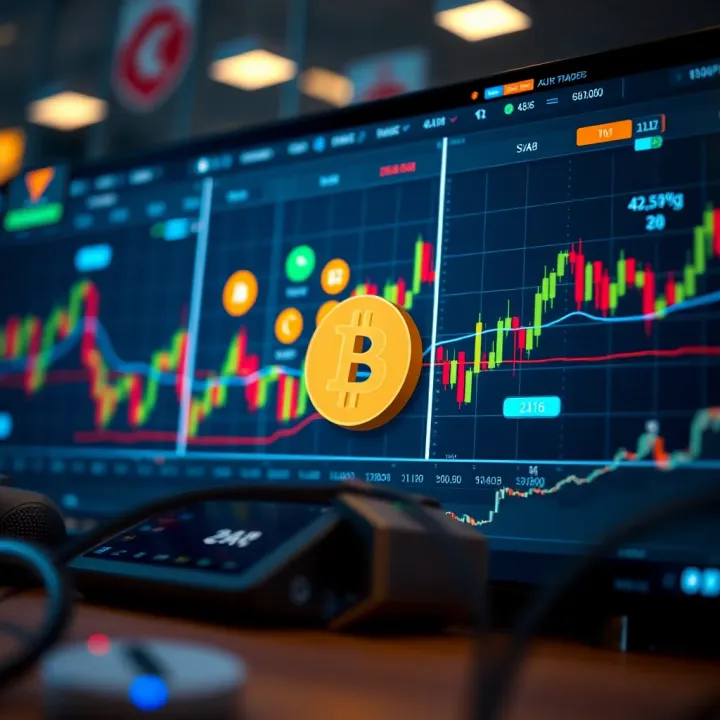 A conceptual illustration of automated trading algorithms interacting with cryptocurrency symbols and charts
