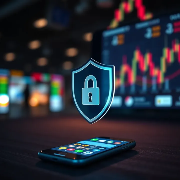 Security shield symbol overlaying a smartphone showcasing secure forex trading features