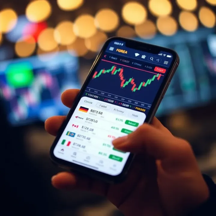 Forex Trading Application Interface on Mobile Device Mobile phone displaying a forex trading app interface with charts and currency pairs