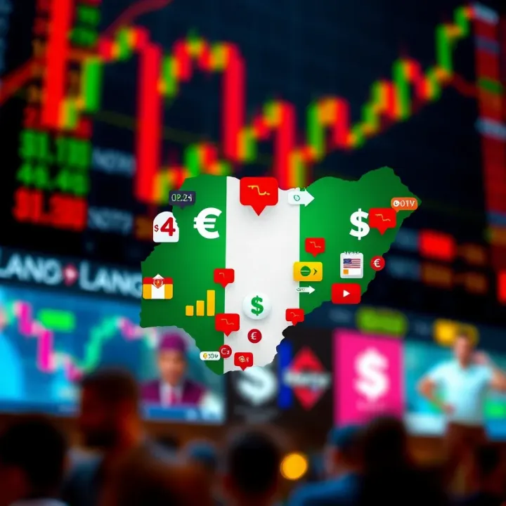 Illustration of a map of Nigeria with forex trading icons and symbols representing currency exchange