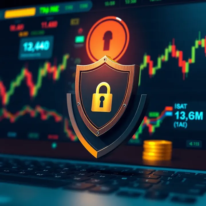Secure Online Forex Trading Concept with Protective Shield Graphic illustrating secure online trading with financial symbols and a shield symbolizing protection