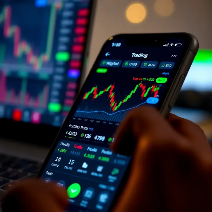 User interface of a stock trading app showing graphs and portfolio details on a smartphone screen