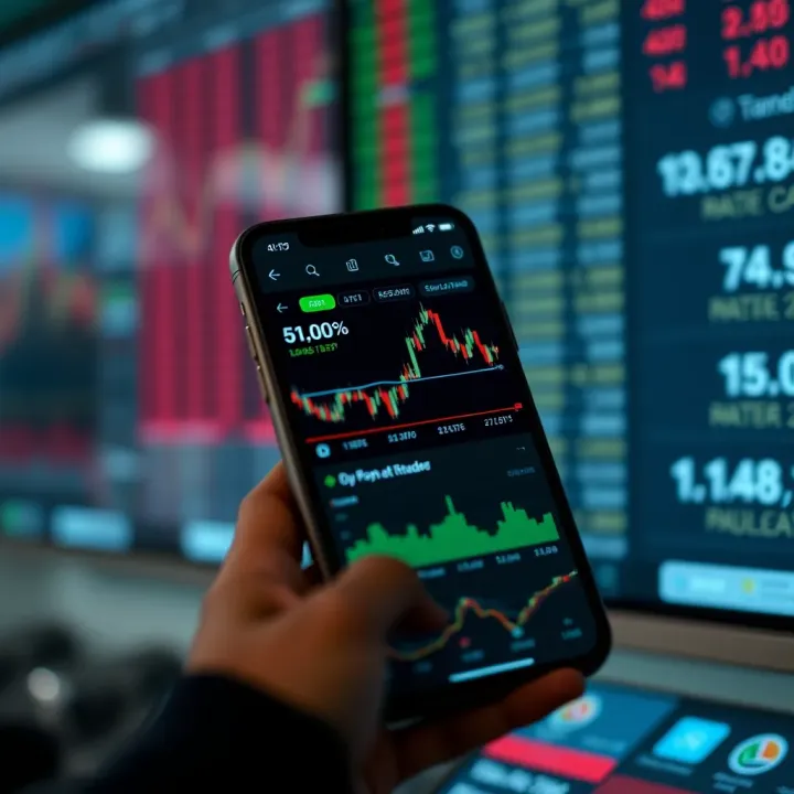 Mobile phone displaying a stock trading application interface with charts and market data