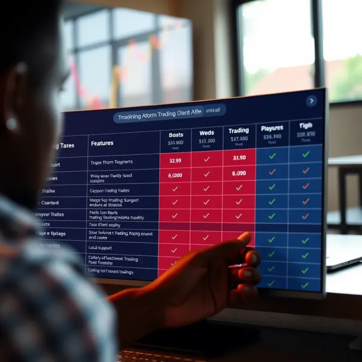 Comparison chart showing different trading apps with features, costs, and local support highlights