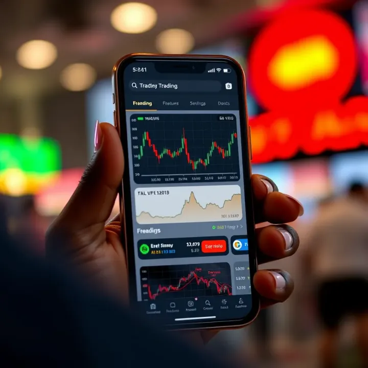 Smartphone screen displaying various trading app features and charts for financial growth in Nigeria