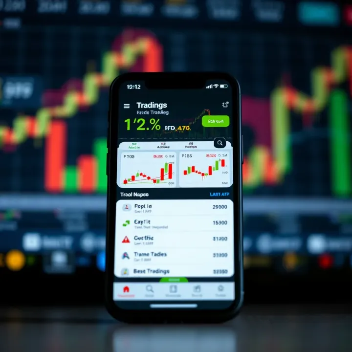 Mobile phone displaying a stock trading app interface with charts and trading options