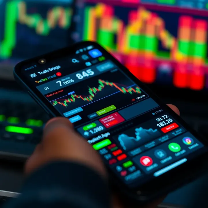 User Interface of a Trading Application with Market Analysis Tools Mobile phone screen displaying various trading graphs and market data in a user-friendly layout