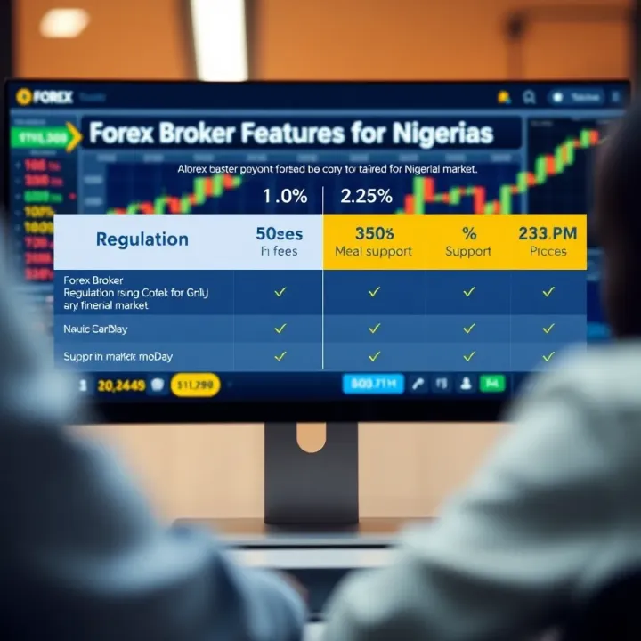 Graphic depicting comparison of forex broker features such as regulation, fees, and customer support tailored for Nigerian market