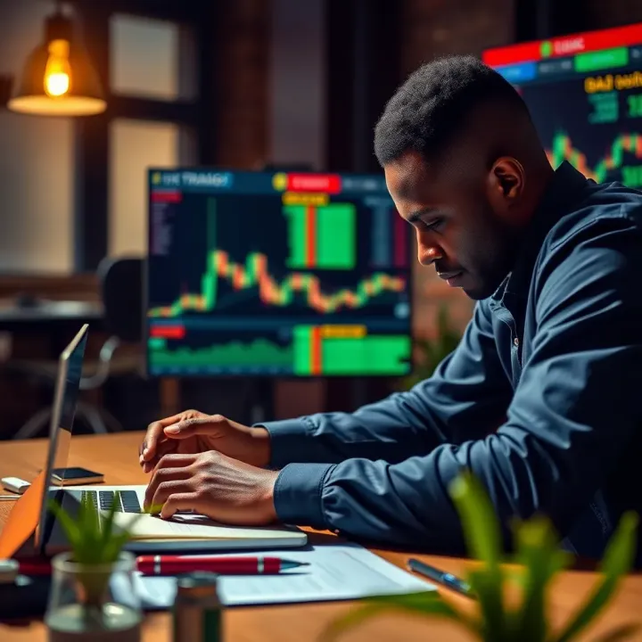 Person studying forex trading concepts on a laptop with financial charts and risk management notes
