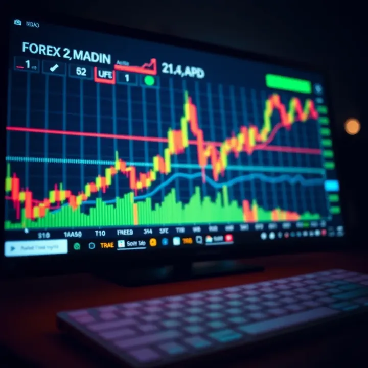 Graph showing forex market trends with technical analysis indicators on a digital screen