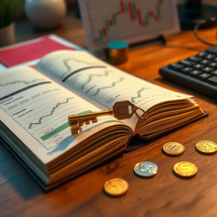 Open forex trading book with charts and currency symbols on wooden desk