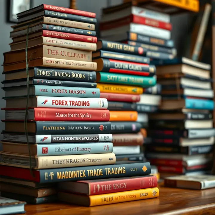 Collection of Forex Trading Books Covering Strategy and Psychology Stacks of diverse forex trading books with focus on strategy and psychology