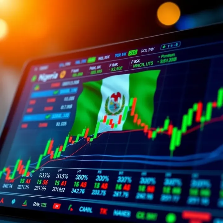 Forex Trading Market Overview with Risks and Benefits in Nigeria Illustration of forex trading chart with risk and benefit icons alongside Nigerian flag