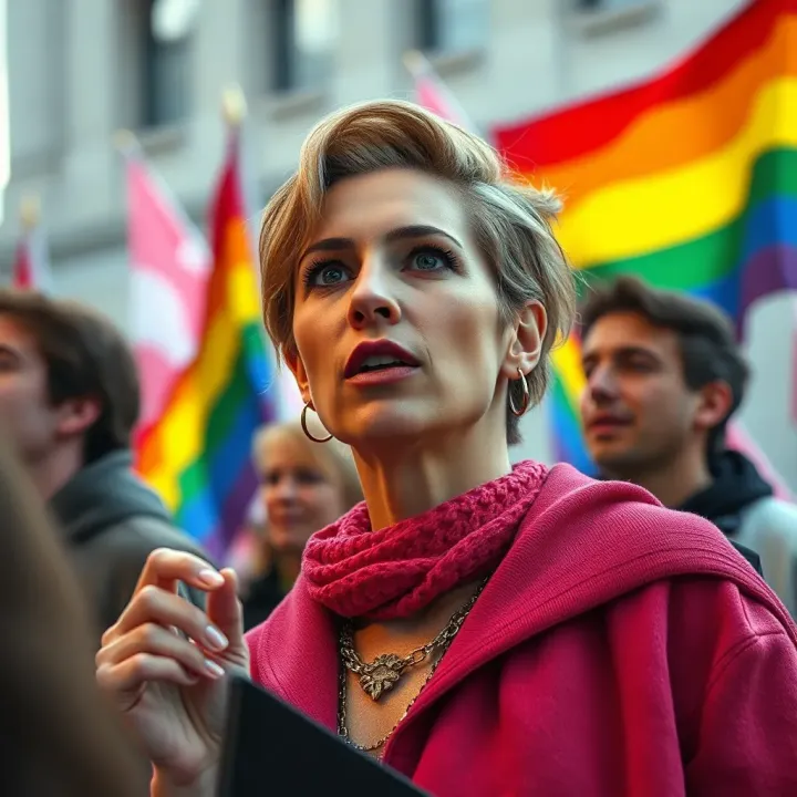 Non-binary celebrity confidently speaking at a public event with pride flags in the background