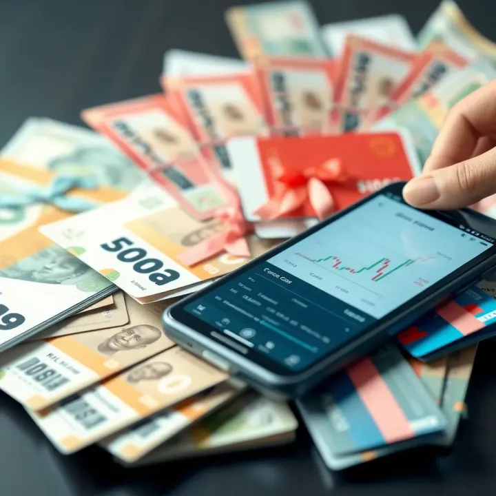 Digital illustration showing Nigerian currency bills and various gift cards with a smartphone displaying a trading app interface